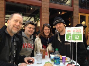 T Hovet Ryan Duvall Jayme Carrol Powell and Jacob Thorley at the Morning Star Veggie Burger Bar having a free lunch across from the Egyptian Theatre in Park City, Utah