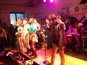 Fela Anikulapo Kuti singing with his band at the Sundance House. They were featured in the documentary Finding Fela 