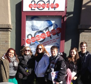 Lendee Sanchez Kaitlynn H Smith Brenna Sherrill Tyler Cobaugh Taylor Harrison and Bradley Englert outside the Egyptian Theatre in Park City, Utah.