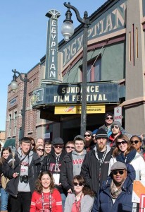 Taylor Harrison, Tyler Cobaugh, Brenna Sherrill, Kaitylynn Smith, Ted Hovet, Bradley Englert, Dakota and Blake Bragdon, Dawn Hall, Ryan Duvall, Kaitlin Westbrook,Michael Nowlin, Caleb Peyman, Jacob Thorley, Wes Manakee, Tyler McDowell, Jayme Powell, Leah Railey, Coleman Martin taking a group photo in front of the Egyptian Theatre at Sundance