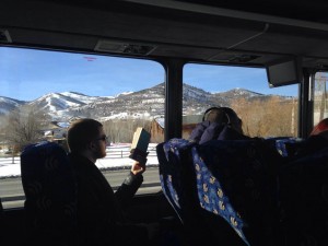 Studious Nathan on the bus right into Park City, UT